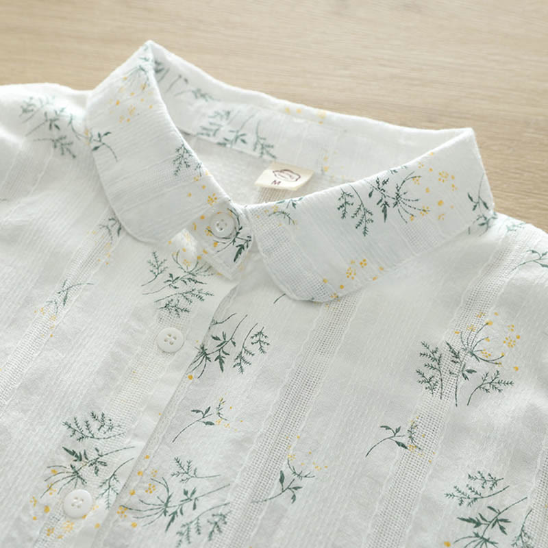 Camisa de manga larga de algodón para mujer con estampado de Buddha Stones, flores blancas y amarillas, hojas verdes y botones. - image 3