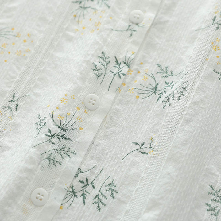 Camisa de manga larga de algodón para mujer con estampado de Buddha Stones, flores blancas y amarillas, hojas verdes y botones. - image 6