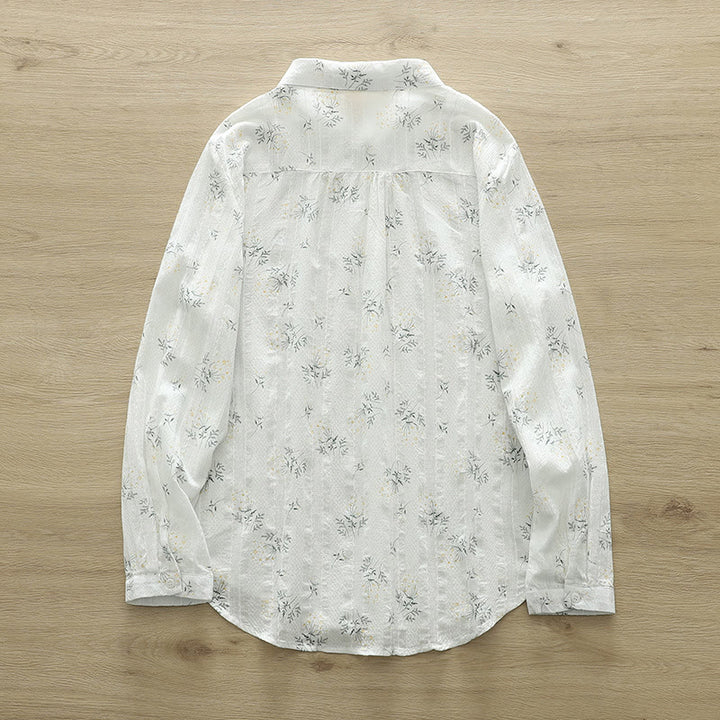 Camisa de manga larga de algodón para mujer con estampado de Buddha Stones, flores blancas y amarillas, hojas verdes y botones. - image 2