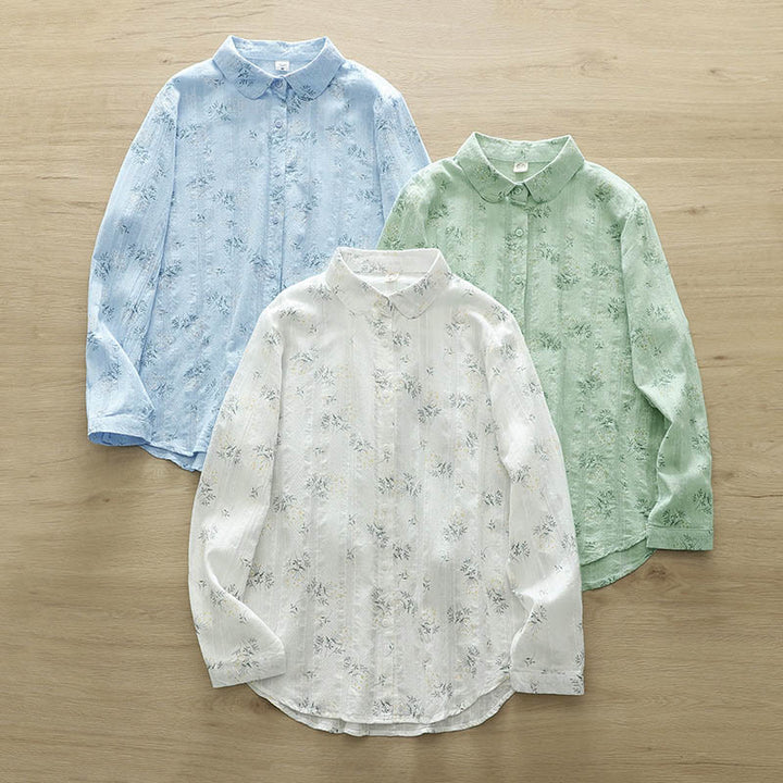 Camisa de manga larga de algodón para mujer con estampado de Buddha Stones, flores blancas y amarillas, hojas verdes y botones. - image 13