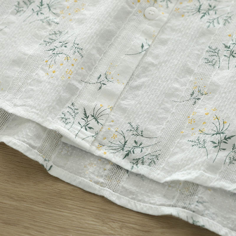 Camisa de manga larga de algodón para mujer con estampado de Buddha Stones, flores blancas y amarillas, hojas verdes y botones. - image 8