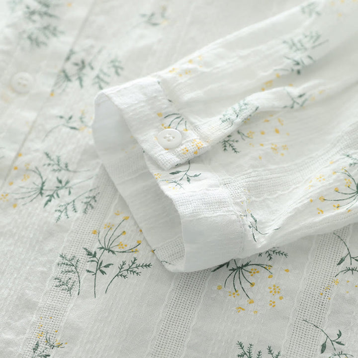 Camisa de manga larga de algodón para mujer con estampado de Buddha Stones, flores blancas y amarillas, hojas verdes y botones. - image 7