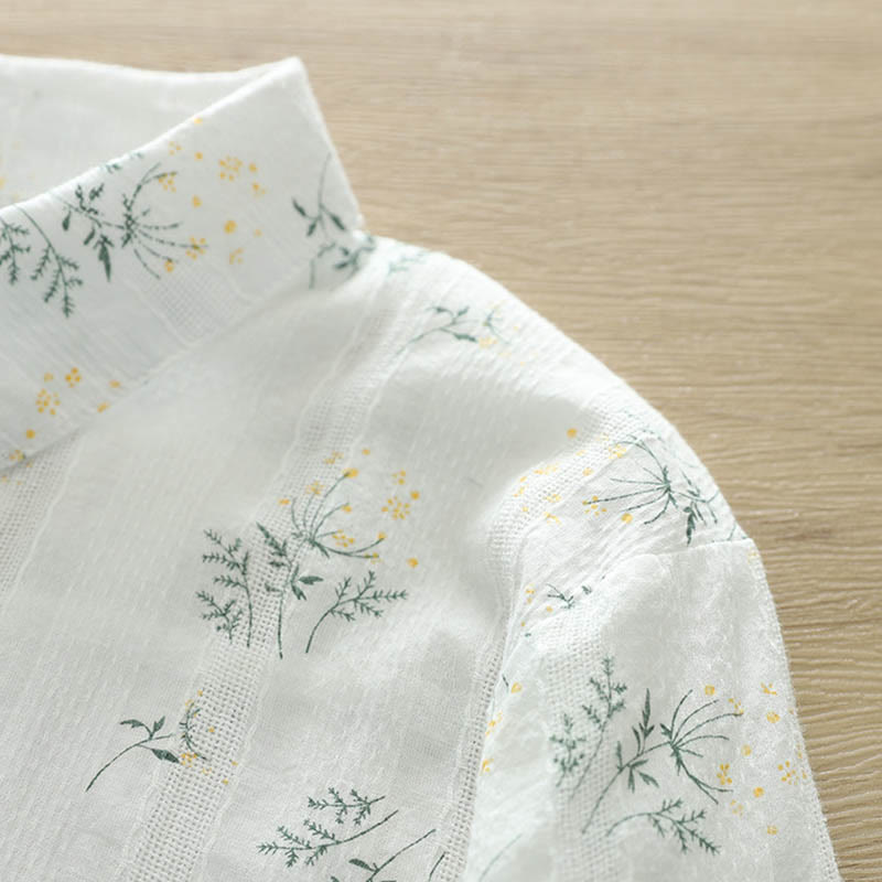 Camisa de manga larga de algodón para mujer con estampado de Buddha Stones, flores blancas y amarillas, hojas verdes y botones. - image 5