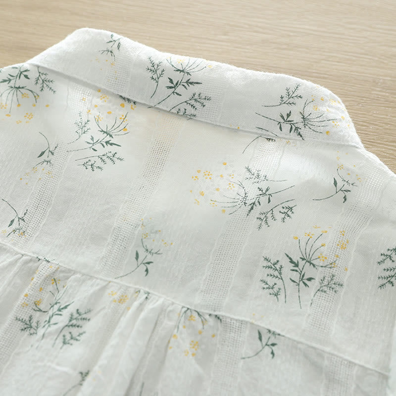 Camisa de manga larga de algodón para mujer con estampado de Buddha Stones, flores blancas y amarillas, hojas verdes y botones. - image 4