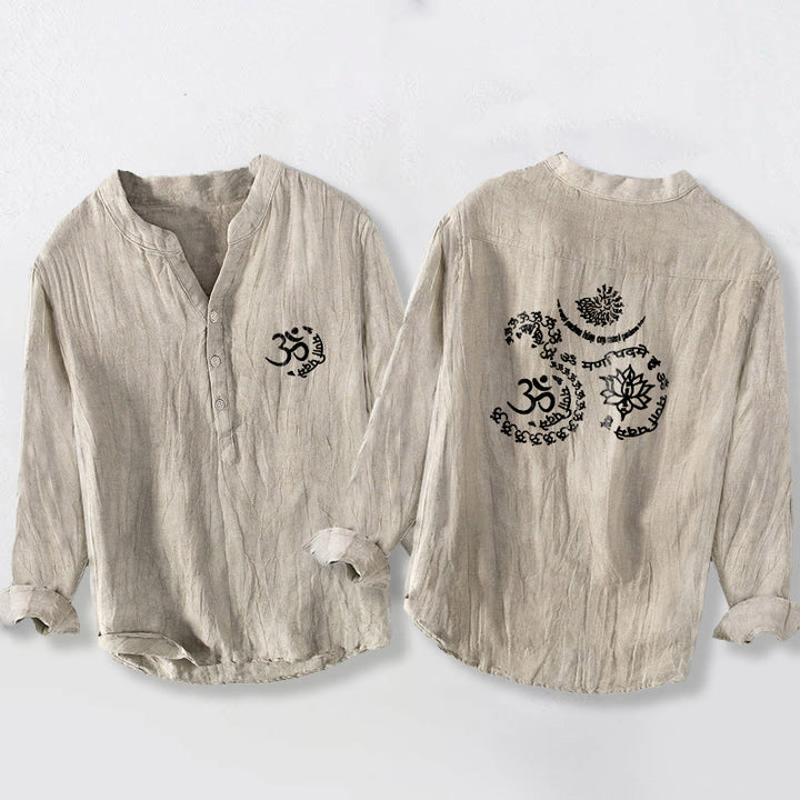 Camisa de manga larga para hombre, de algodón y lino, con botones a la mitad, estampado de loto y símbolo Om con Buddha Stones. - Lino - US/UK/AU50, EU60 (5XL) - image 0
