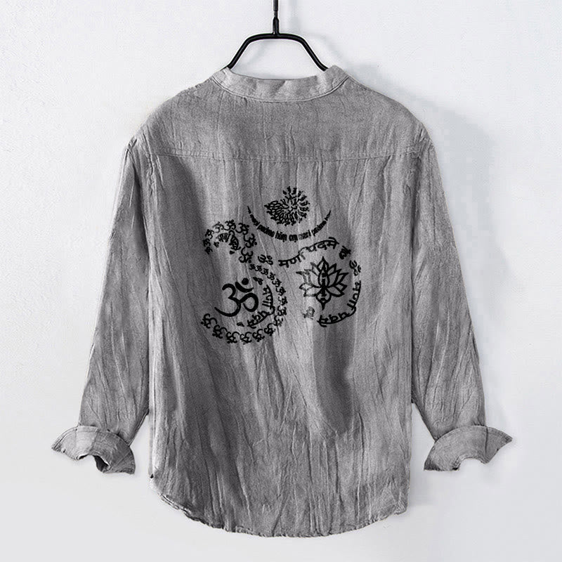 Camisa de manga larga para hombre, de algodón y lino, con botones a la mitad, estampado de loto y símbolo Om con Buddha Stones. - image 5