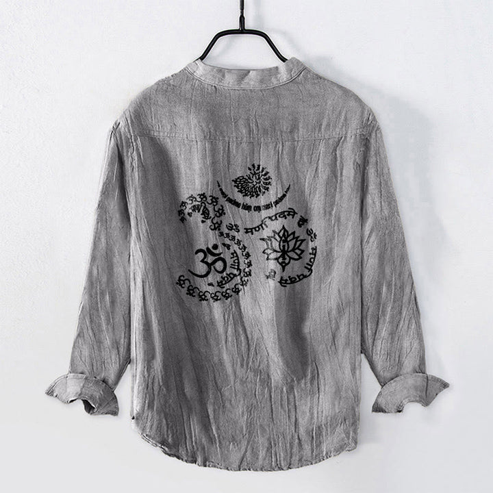 Camisa de manga larga para hombre, de algodón y lino, con botones a la mitad, estampado de loto y símbolo Om con Buddha Stones. - image 5
