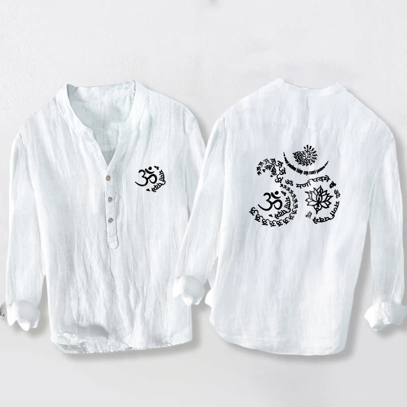 Camisa de manga larga para hombre, de algodón y lino, con botones a la mitad, estampado de loto y símbolo Om con Buddha Stones. - Blanco - US/UK/AU50, EU60 (5XL) - image 6