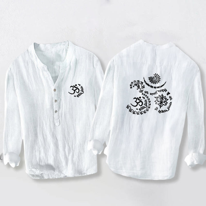 Camisa de manga larga para hombre, de algodón y lino, con botones a la mitad, estampado de loto y símbolo Om con Buddha Stones. - Blanco - US/UK/AU50, EU60 (5XL) - image 6