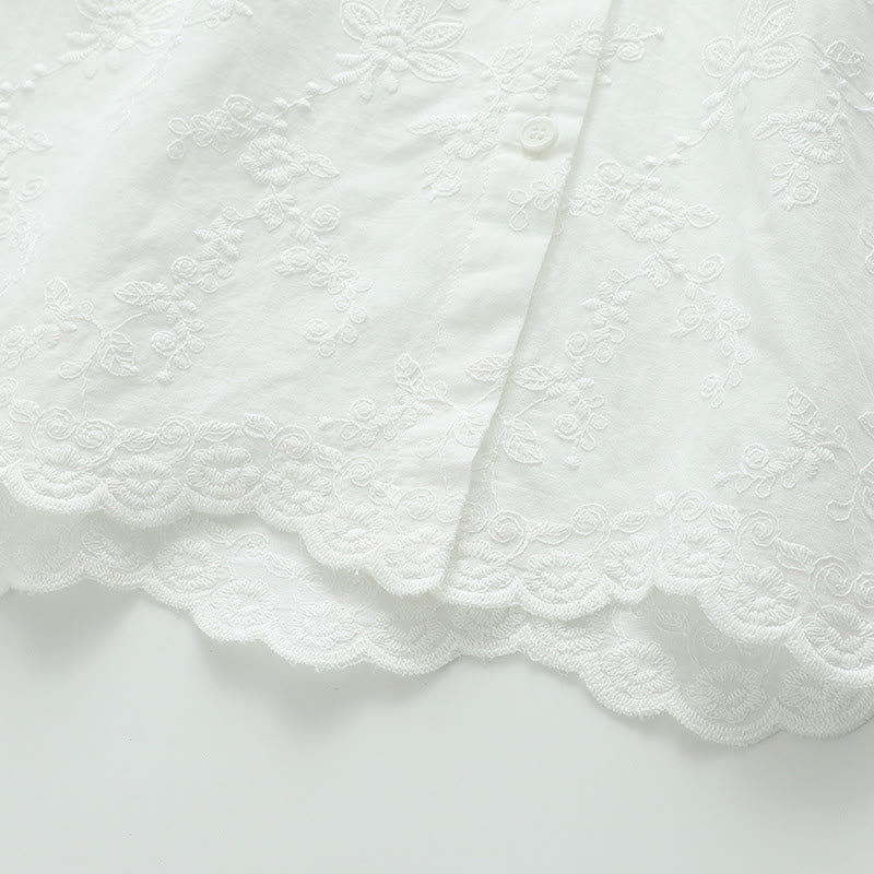 Camisa de manga larga de algodón para mujer con bordado floral blanco otoñal de Buddha Stones y cuello Peter Pan con botones. - image 8