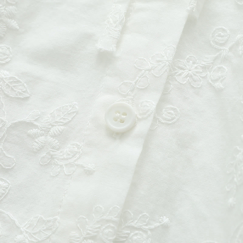Camisa de manga larga de algodón para mujer con bordado floral blanco otoñal de Buddha Stones y cuello Peter Pan con botones. - image 7