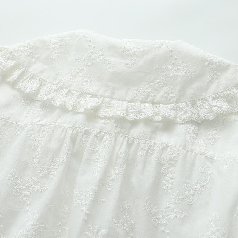 Camisa de manga larga de algodón para mujer con bordado floral blanco otoñal de Buddha Stones y cuello Peter Pan con botones. - image 5