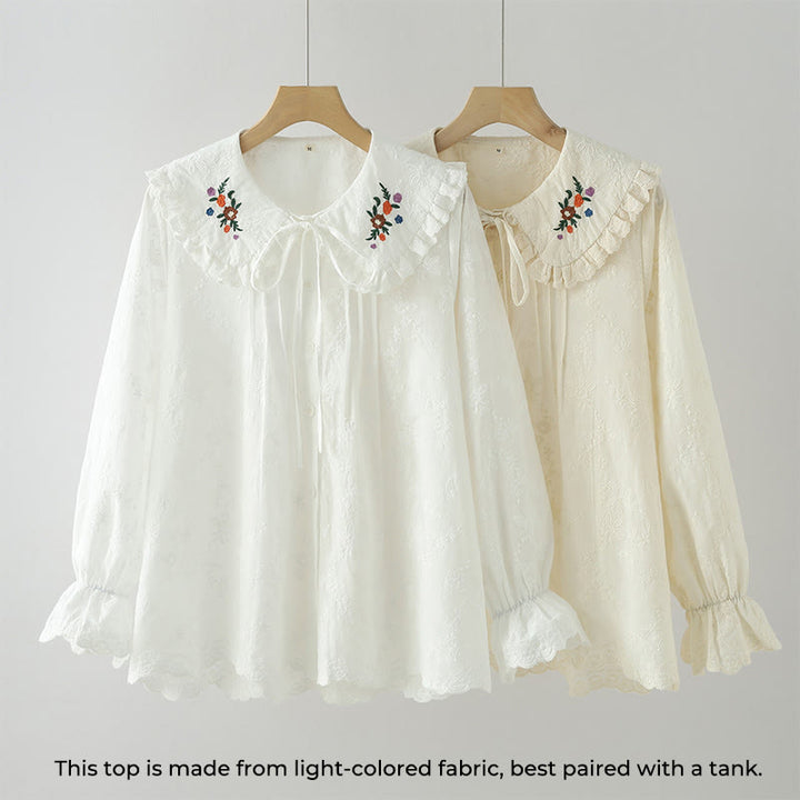 Camisa de manga larga de algodón para mujer con bordado floral blanco otoñal de Buddha Stones y cuello Peter Pan con botones. - image 1