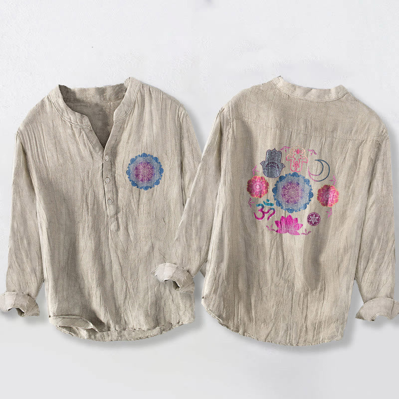 Camisa de manga larga para hombre, de algodón y lino, con mandala de Buddha Stones, Om, loto, manos de Hamsa y botones a la mitad. - Lino - US/UK/AU50, EU60 (5XL) - image 3