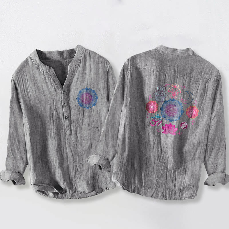 Camisa de manga larga para hombre, de algodón y lino, con mandala de Buddha Stones, Om, loto, manos de Hamsa y botones a la mitad. - Gris - US/UK/AU50, EU60 (5XL) - image 6