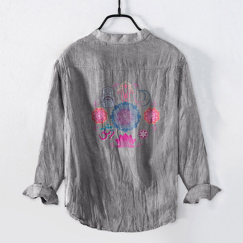 Camisa de manga larga para hombre, de algodón y lino, con mandala de Buddha Stones, Om, loto, manos de Hamsa y botones a la mitad. - image 8