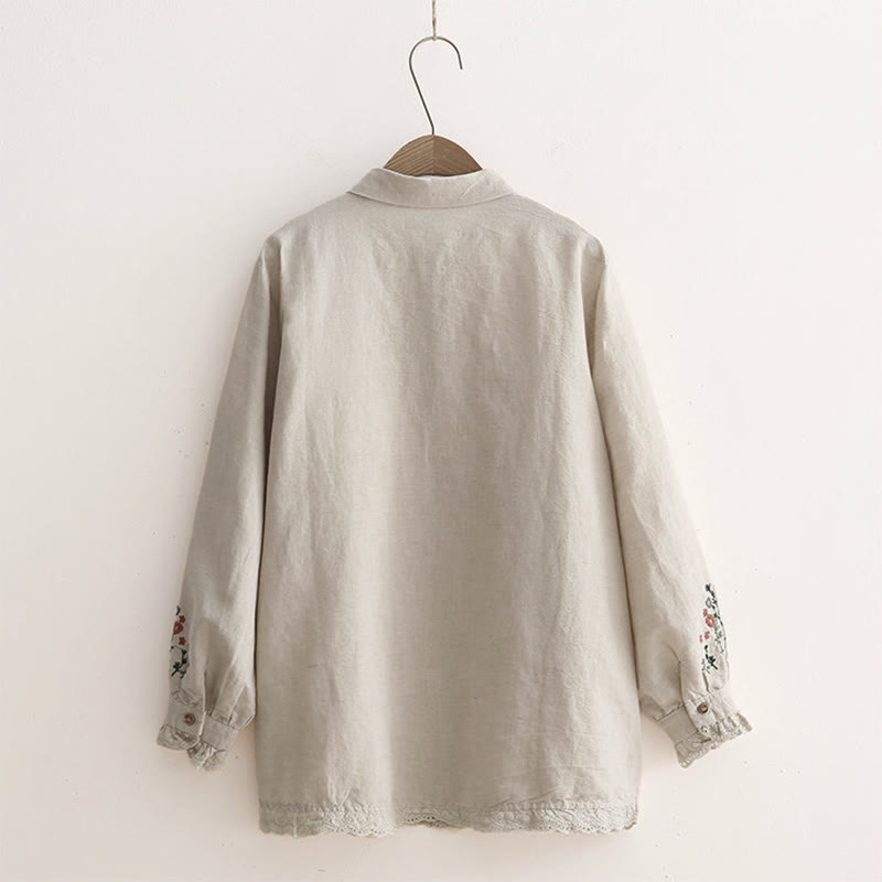 Camisa de manga larga de algodón para mujer con botones bordados florales color beige otoñal con Buddha Stones - image 1