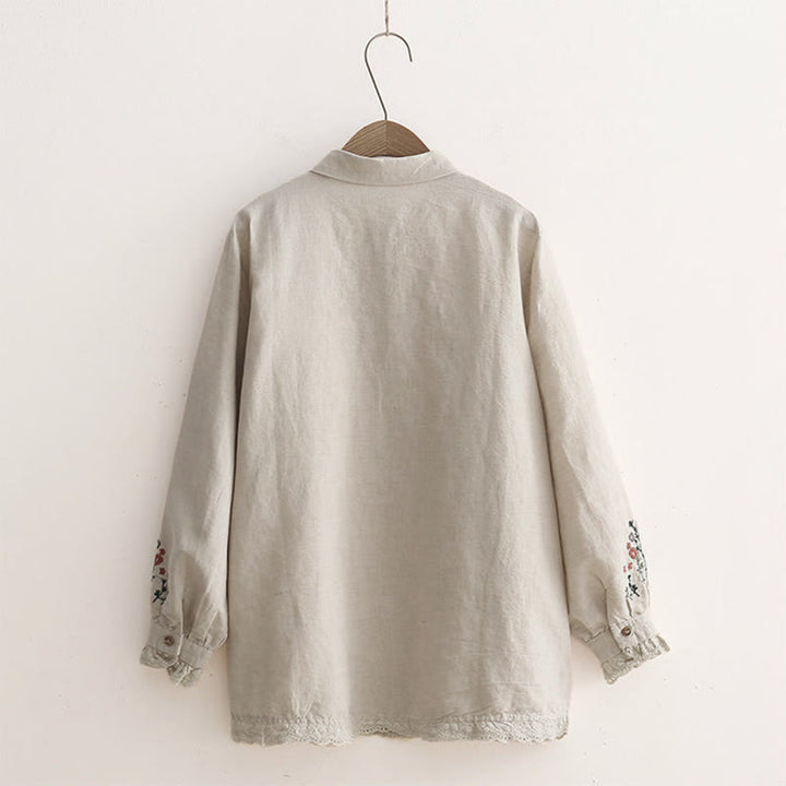 Camisa de manga larga de algodón para mujer con botones bordados florales color beige otoñal con Buddha Stones - image 1
