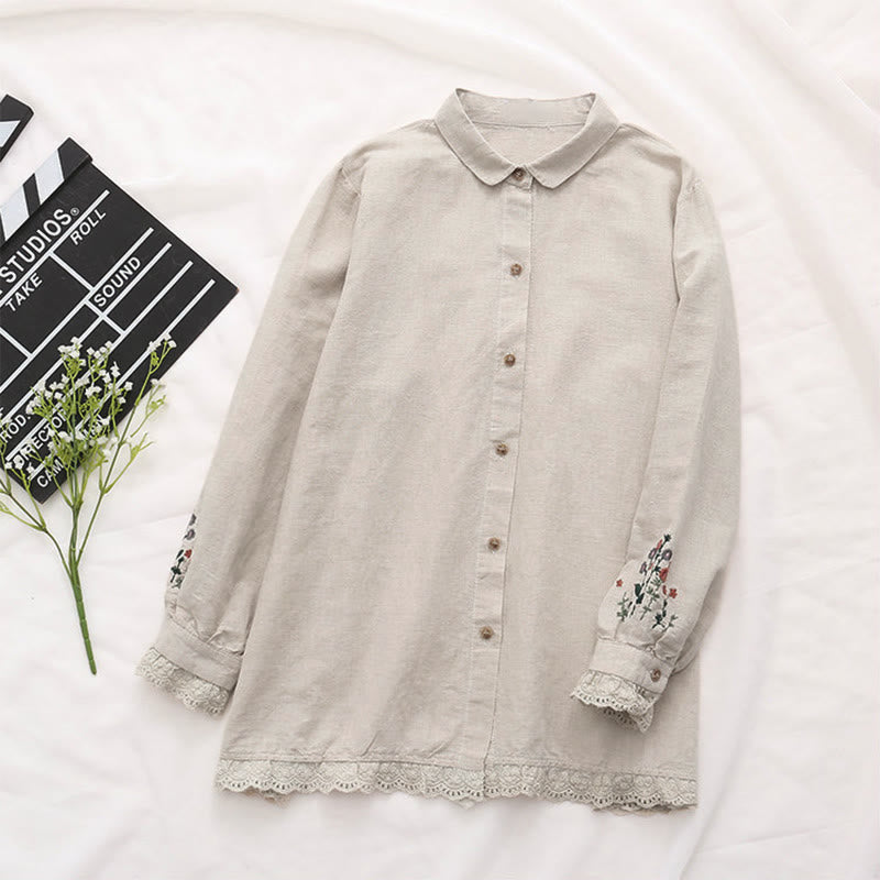 Camisa de manga larga de algodón para mujer con botones bordados florales color beige otoñal con Buddha Stones - image 2