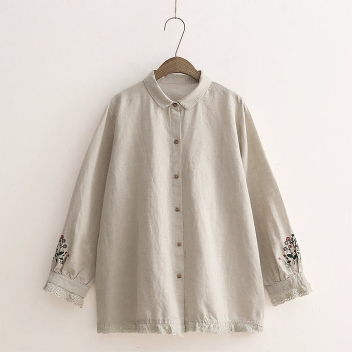 Camisa de manga larga de algodón para mujer con botones bordados florales color beige otoñal con Buddha Stones - Beige - US4-6, UK/AU8-10, EU36-38 (F) - image 0