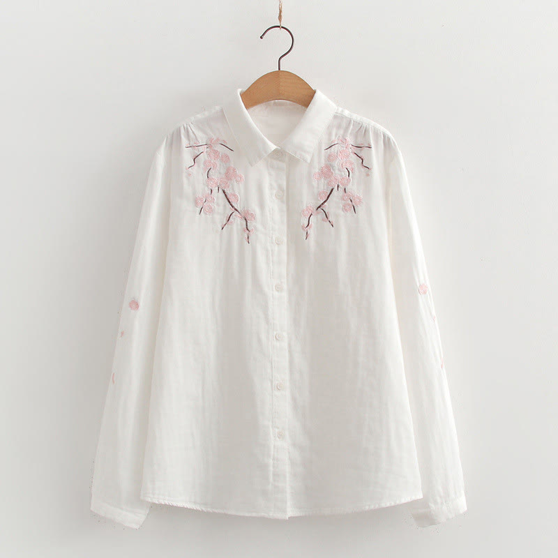 Camisa de manga larga de algodón para mujer con botones bordados de flores de ciruelo rosa otoñal y Buddha Stones - Blanco - US6，UK/AU10，EU38 (XL) - image 3