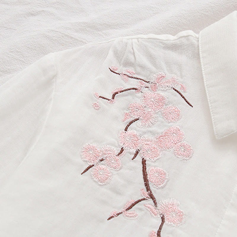 Camisa de manga larga de algodón para mujer con botones bordados de flores de ciruelo rosa otoñal y Buddha Stones - image 8