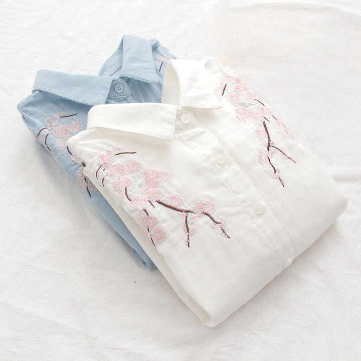 Camisa de manga larga de algodón para mujer con botones bordados de flores de ciruelo rosa otoñal y Buddha Stones - image 14