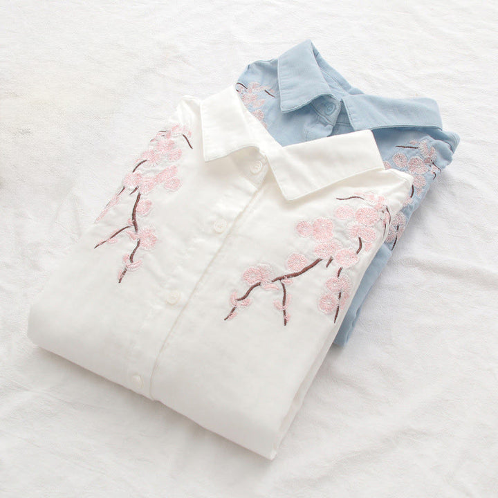 Camisa de manga larga de algodón para mujer con botones bordados de flores de ciruelo rosa otoñal y Buddha Stones - image 15