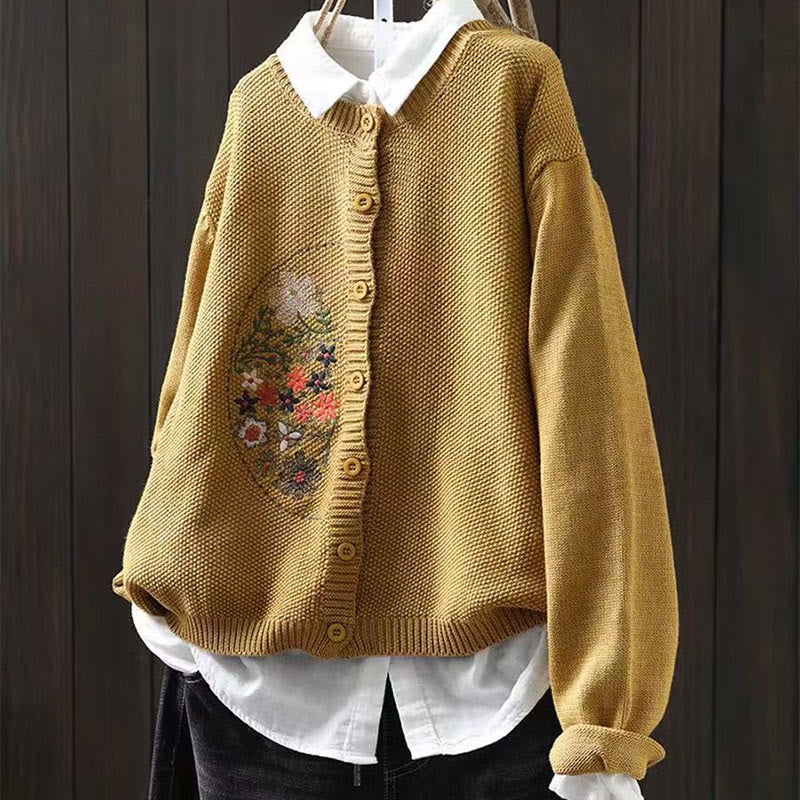 Cárdigan de punto de manga larga para mujer, de algodón, con botones bordados florales y Buddha Stones. - Oro - US4-6, UK/AU8-10, EU36-38 (F) - image 2