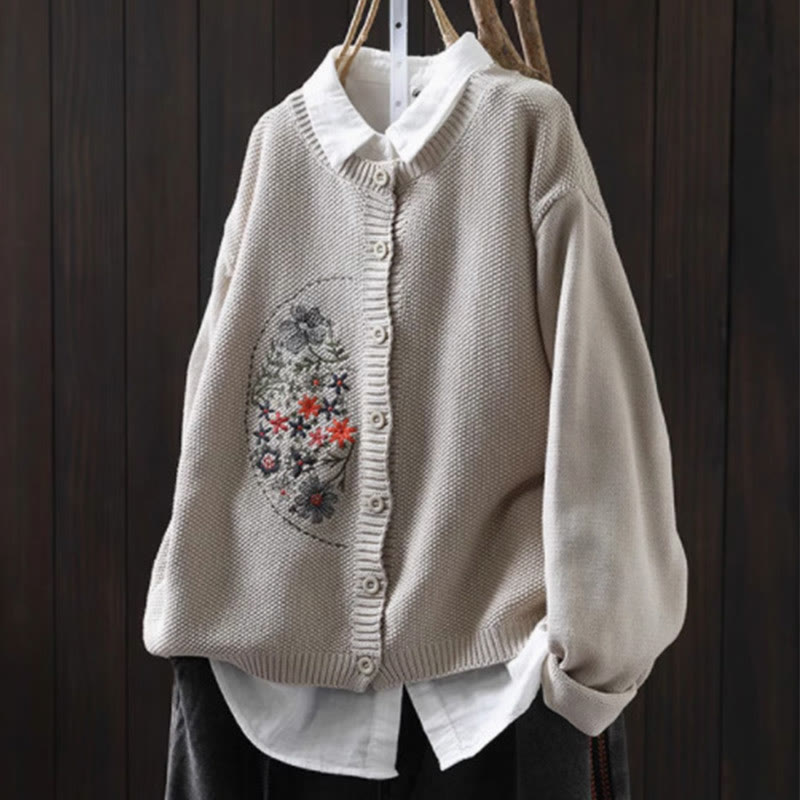Cárdigan de punto de manga larga para mujer, de algodón, con botones bordados florales y Buddha Stones. - Lino - US4-6, UK/AU8-10, EU36-38 (F) - image 14