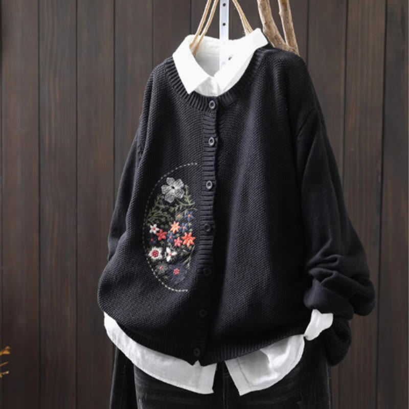 Cárdigan de punto de manga larga para mujer, de algodón, con botones bordados florales y Buddha Stones. - Negro - US4-6, UK/AU8-10, EU36-38 (F) - image 24