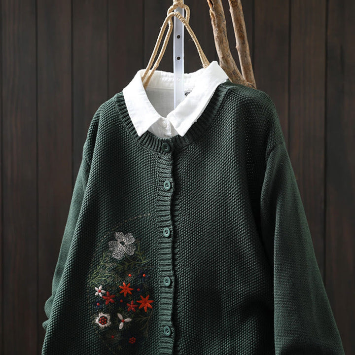 Cárdigan de punto de manga larga para mujer, de algodón, con botones bordados florales y Buddha Stones. - image 23