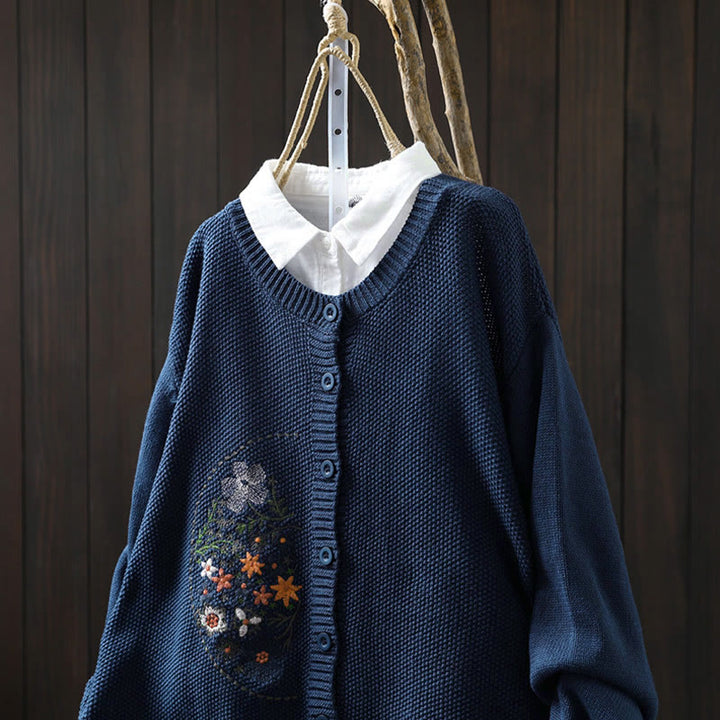 Cárdigan de punto de manga larga para mujer, de algodón, con botones bordados florales y Buddha Stones. - image 1