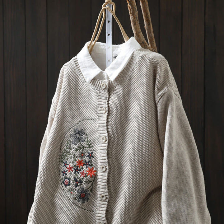 Cárdigan de punto de manga larga para mujer, de algodón, con botones bordados florales y Buddha Stones. - image 15