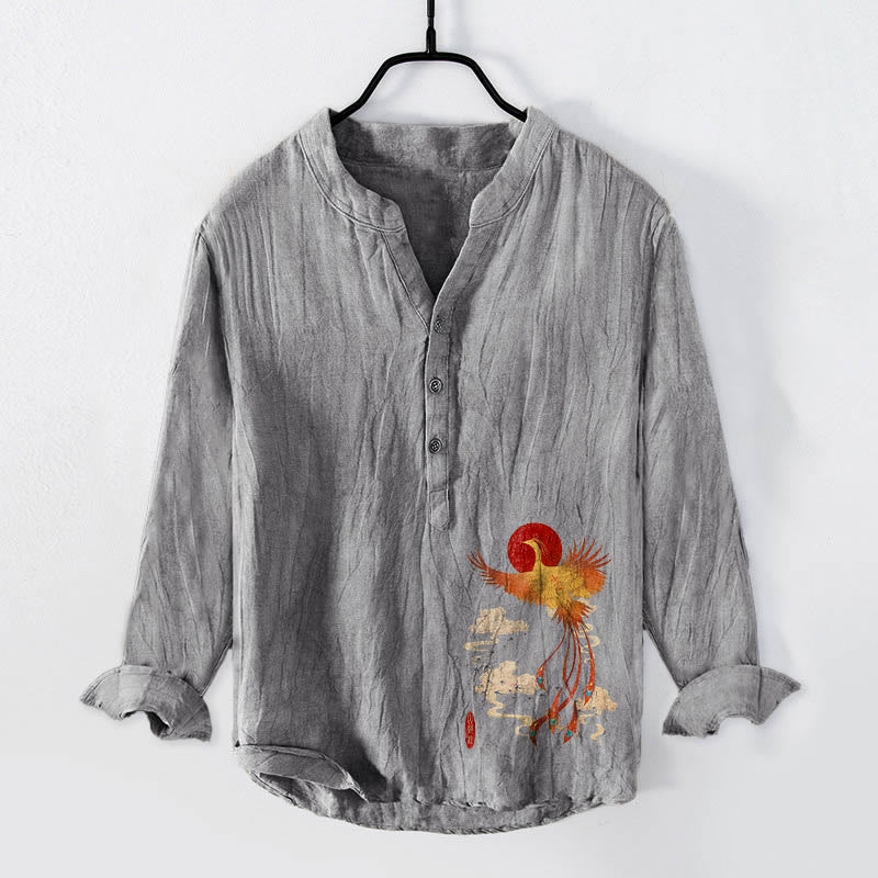 Camisa de manga larga para hombre, de algodón y lino, con estampado de Buddha Stones, fénix, sol rojo y nubes, y botones a la mitad. - Gris - US/UK/AU50, EU60 (5XL) - image 0