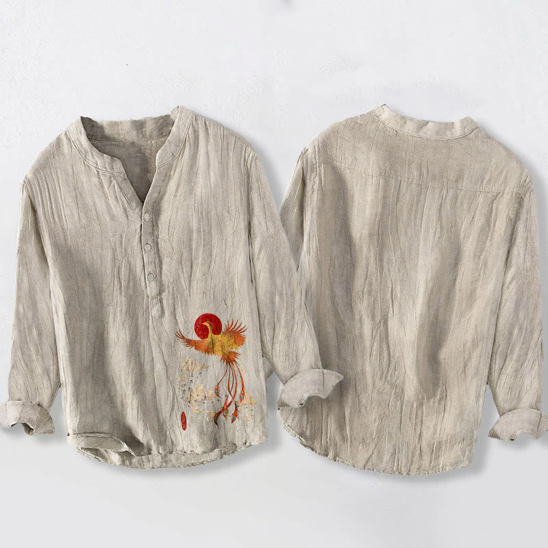 Camisa de manga larga para hombre, de algodón y lino, con estampado de Buddha Stones, fénix, sol rojo y nubes, y botones a la mitad. - image 5