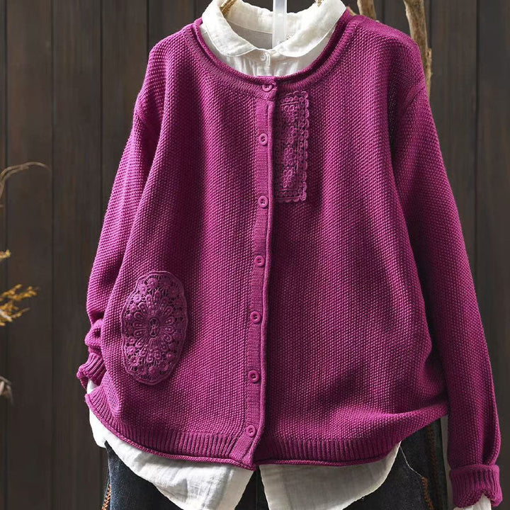 Suéter cárdigan de punto de manga larga para mujer, de algodón, con botones florales y Buddha Stones. - Rojo violeta medio - US4-6, UK/AU8-10, EU36-38 (F) - image 0