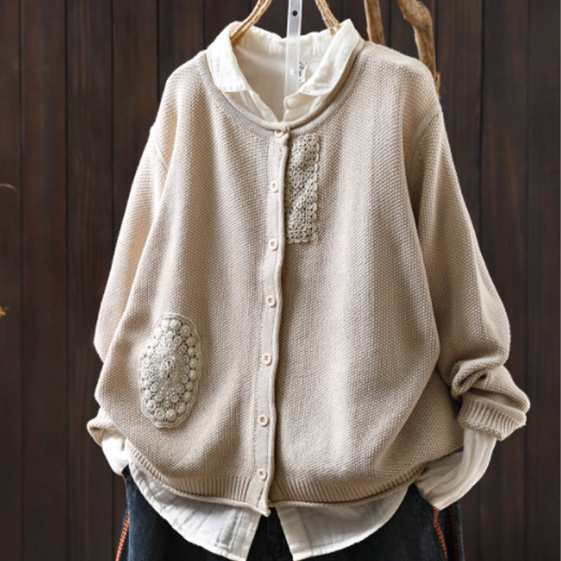 Suéter cárdigan de punto de manga larga para mujer, de algodón, con botones florales y Buddha Stones. - Beige - US4-6, UK/AU8-10, EU36-38 (F) - image 19