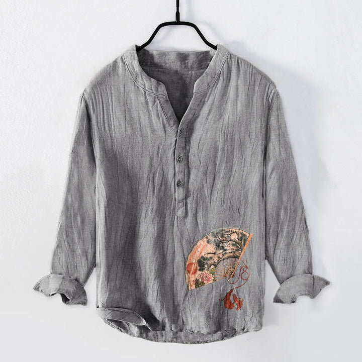 Camisa de manga larga para hombre, de algodón y lino, con estampado de Buddha Stones, abanico, grulla, pino, peonía y sol rojo, con medio botón. - Gris - US/UK/AU50, EU60 (5XL) - image 0