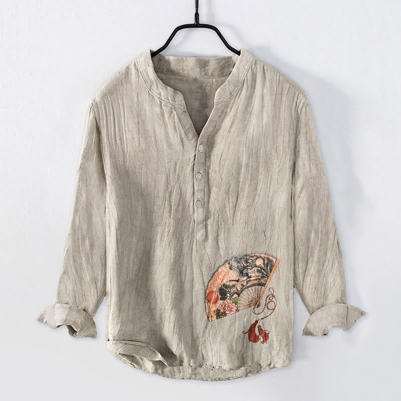 Camisa de manga larga para hombre, de algodón y lino, con estampado de Buddha Stones, abanico, grulla, pino, peonía y sol rojo, con medio botón. - Lino - US/UK/AU50, EU60 (5XL) - image 3