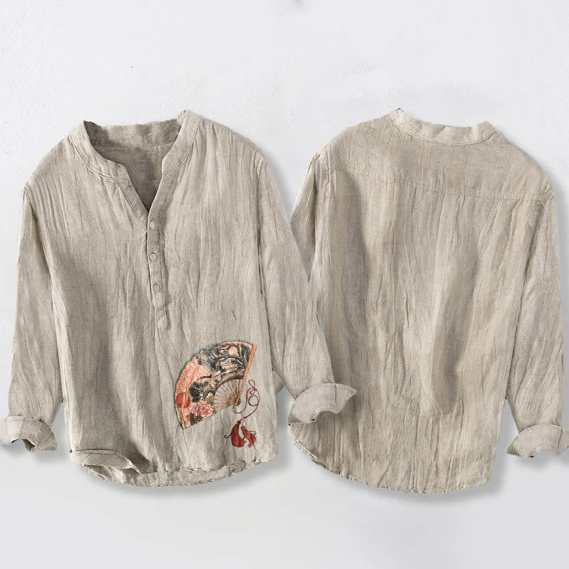 Camisa de manga larga para hombre, de algodón y lino, con estampado de Buddha Stones, abanico, grulla, pino, peonía y sol rojo, con medio botón. - image 5