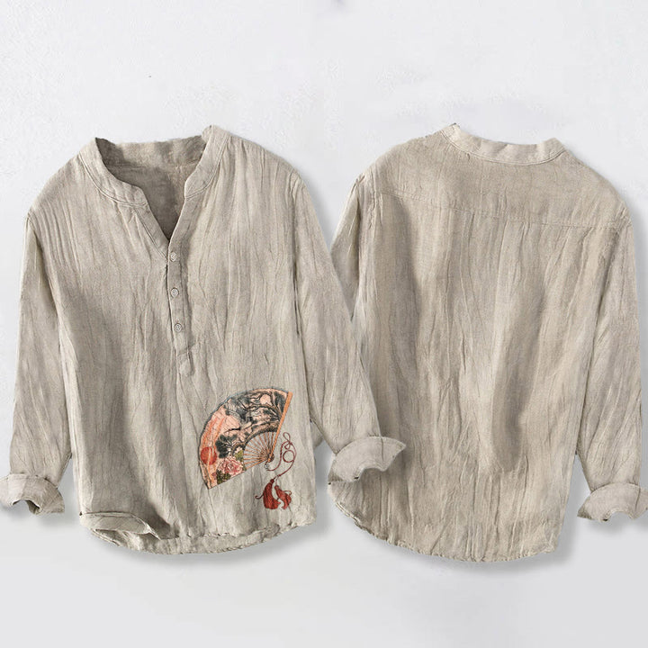 Camisa de manga larga para hombre, de algodón y lino, con estampado de Buddha Stones, abanico, grulla, pino, peonía y sol rojo, con medio botón. - image 5