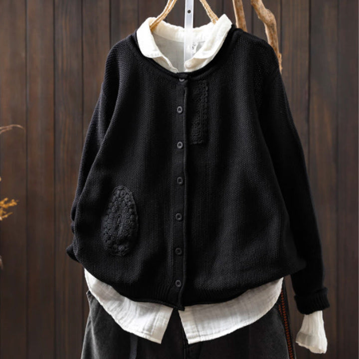 Suéter cárdigan de punto de manga larga para mujer, de algodón, con botones florales y Buddha Stones. - Negro - US4-6, UK/AU8-10, EU36-38 (F) - image 28