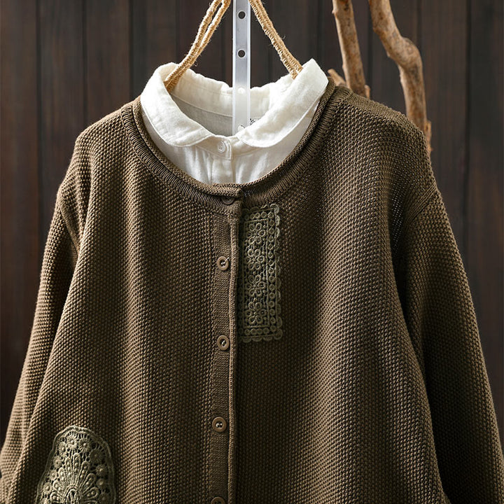 Suéter cárdigan de punto de manga larga para mujer, de algodón, con botones florales y Buddha Stones. - image 6