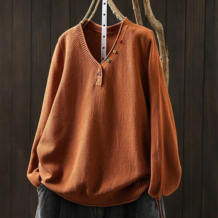Suéter de punto de manga larga para mujer, de algodón, con cuello en V, botones coloridos y estampado de Buddha Stones. - Naranja oscuro - US4-6, UK/AU8-10, EU36-38 (F) - image 7