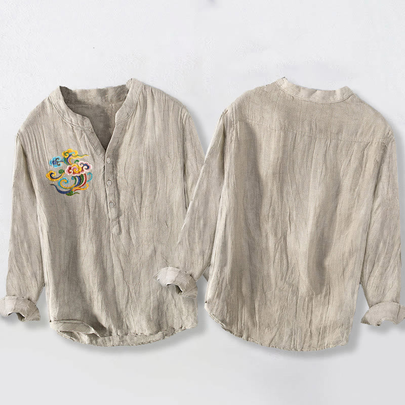 Camisa de manga larga para hombre, de algodón y lino, con estampado de nubes auspiciosas y Buddha Stones de colores, y botones a la mitad. - image 2