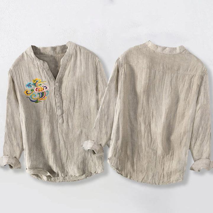 Camisa de manga larga para hombre, de algodón y lino, con estampado de nubes auspiciosas y Buddha Stones de colores, y botones a la mitad. - image 2