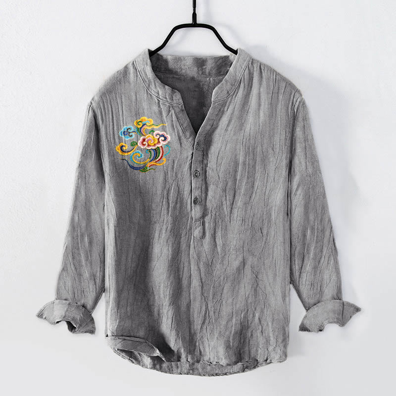 Camisa de manga larga para hombre, de algodón y lino, con estampado de nubes auspiciosas y Buddha Stones de colores, y botones a la mitad. - Gris - US/UK/AU50, EU60 (5XL) - image 3