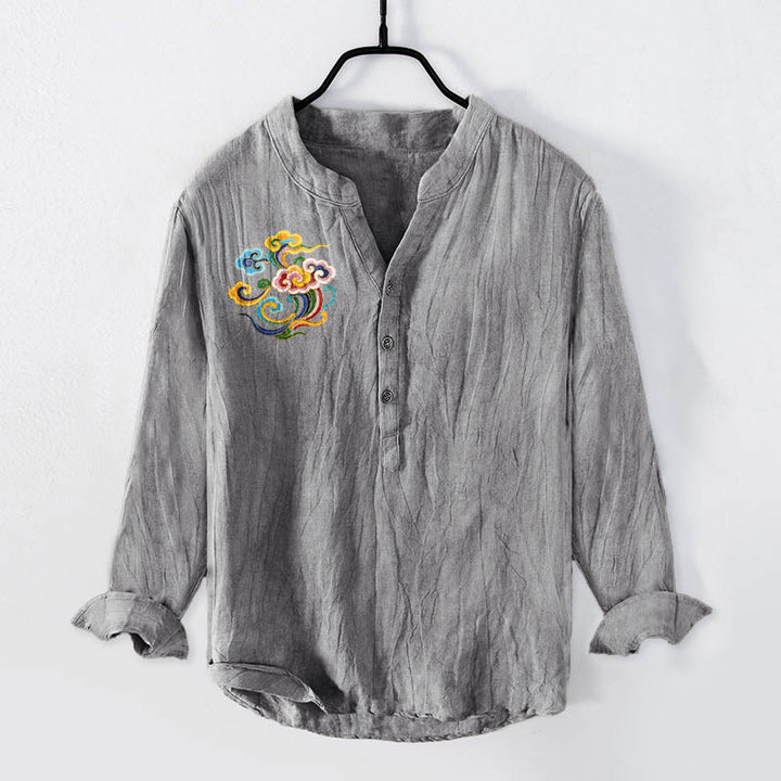 Camisa de manga larga para hombre, de algodón y lino, con estampado de nubes auspiciosas y Buddha Stones de colores, y botones a la mitad. - Gris - US/UK/AU50, EU60 (5XL) - image 3
