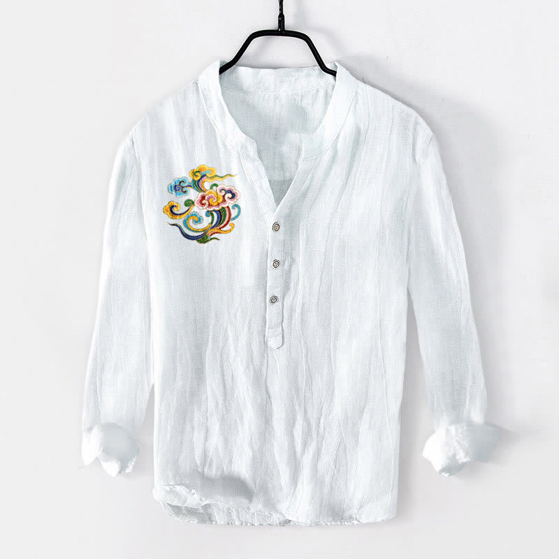 Camisa de manga larga para hombre, de algodón y lino, con estampado de nubes auspiciosas y Buddha Stones de colores, y botones a la mitad. - Blanco - US/UK/AU50, EU60 (5XL) - image 6